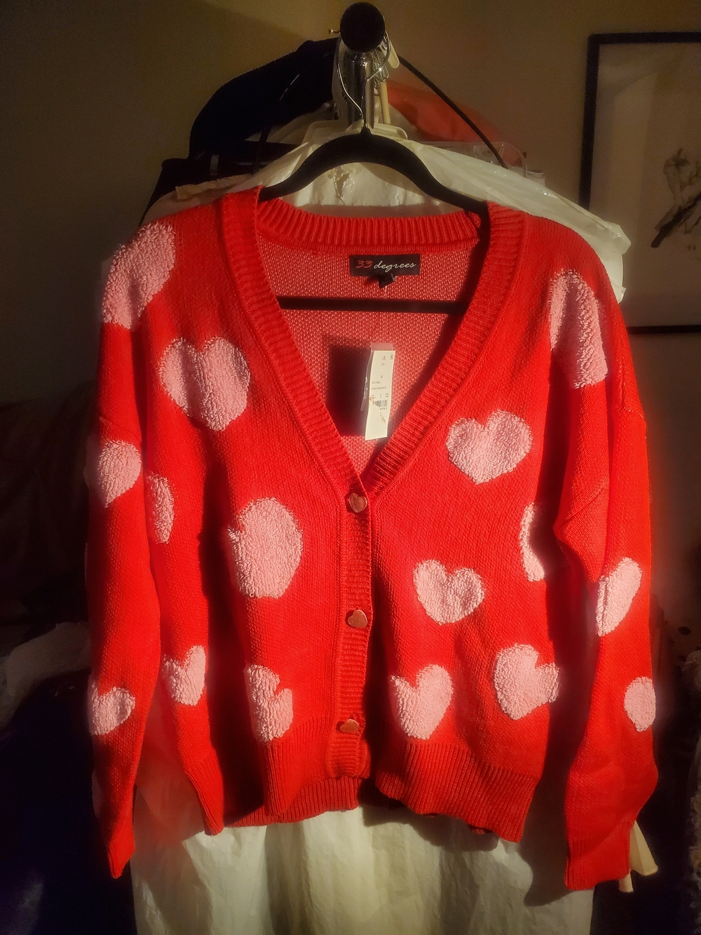 33 Degrees Red V-Neck Cardigan with Pink Heart Graphic Pattern